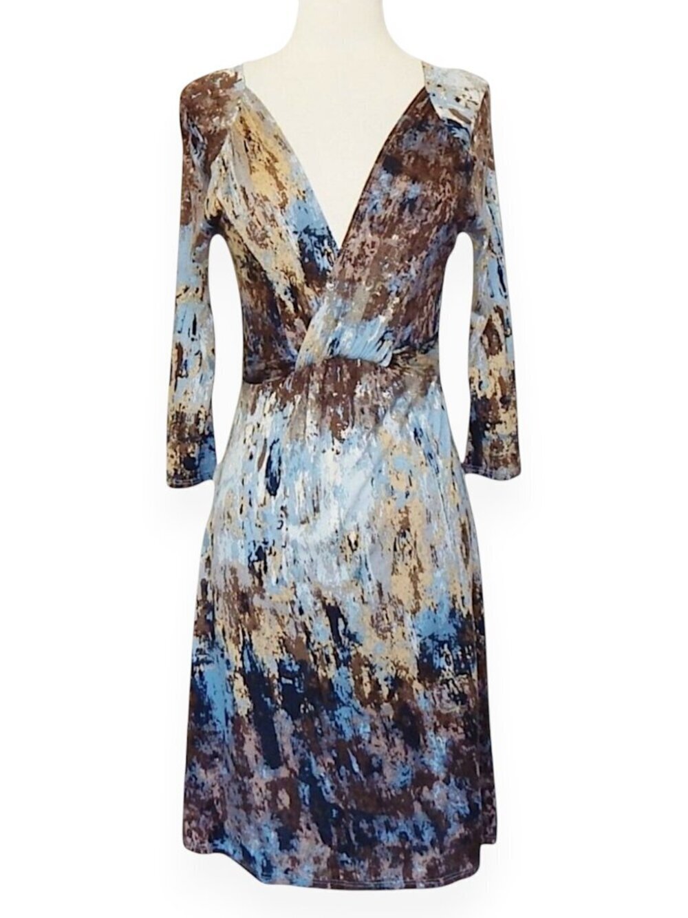 Three Dots 3 Brown Gray Beige Splatter Marble Print Empire Soft Knit Dress S